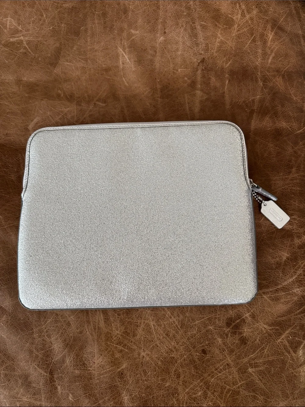 Coach Metallic Silver Tablet Sleeve with Zip Charm